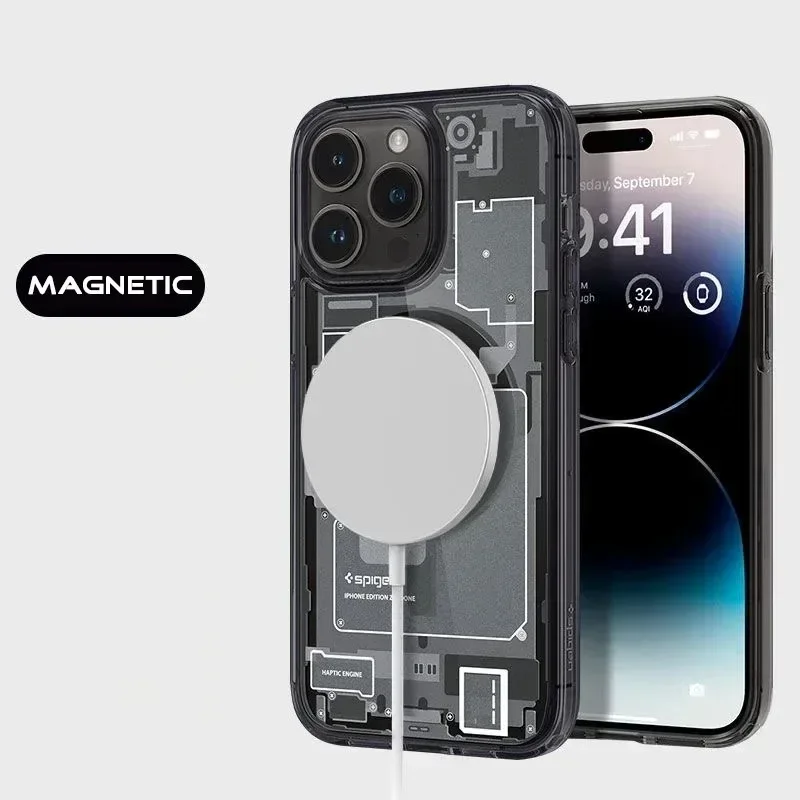 For case Magnetic Geometric Elements Phone Case For Iphone 15 11 12 13 14 Pro Max Plus Transparent Back Cover Magsafe For IPHON