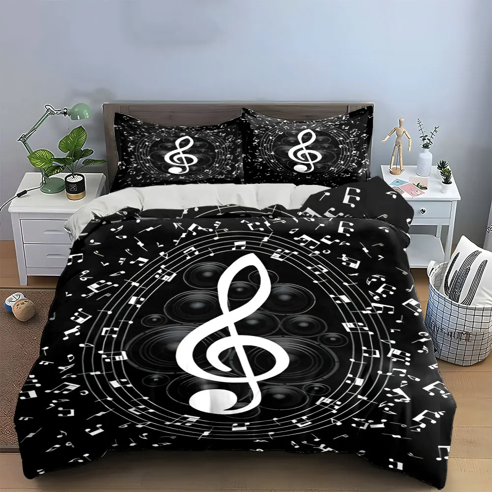 Treble Clef Speaker Floating Music Note Duvet Cover Set, Black Music Art Bedding Includes 1 Duvet Cover And 2 Pillowcase, Gift