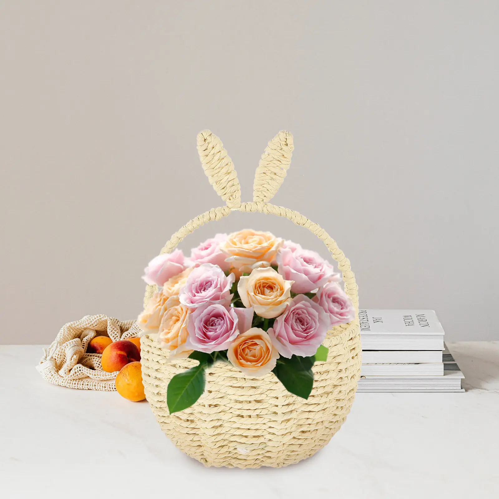 Woven Basket Rabbit Ear Handwoven Storage Organizer Decorative Flower Arrangement Basket Home Desktop Candy Gift Storage Holder