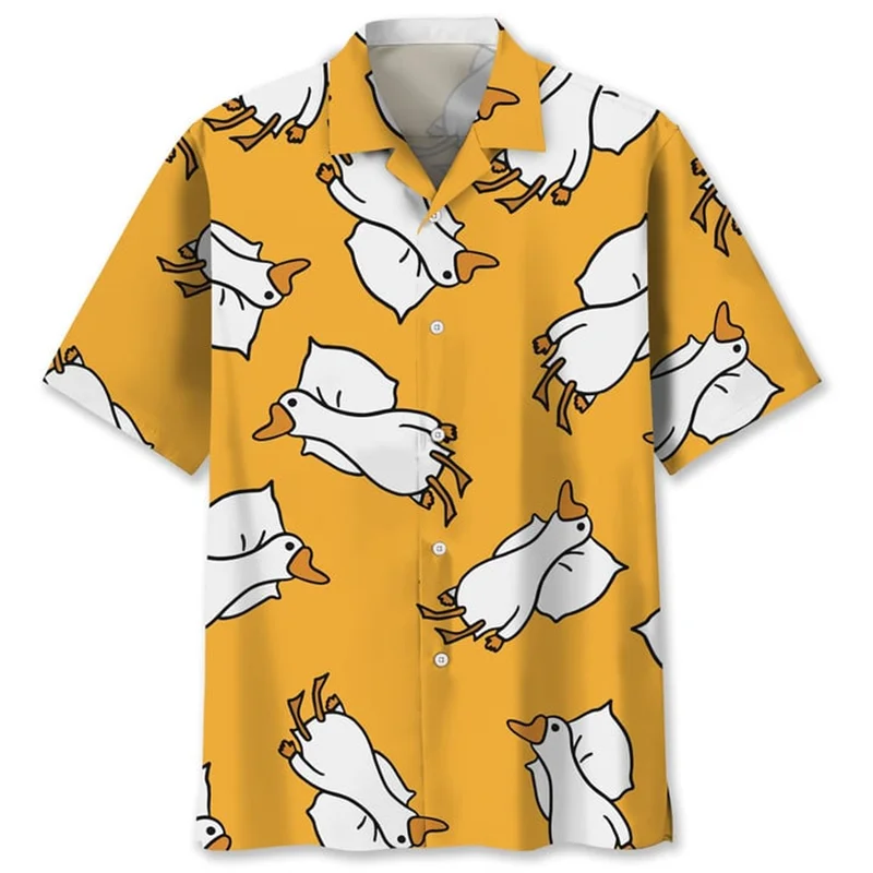 Cartoon Duck Pattern Hawaiian Shirt For Men Summer 3d Animal Printed Shirts Lapel Short Sleeves Women Street Loose Button Blouse