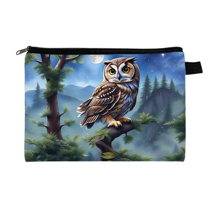 Colorful Owl Printing Pattern Cosmetic Bag Women Great Horned Owl Book Toiletry Bag Jewelry Holder Lipstick Brushes Organizer