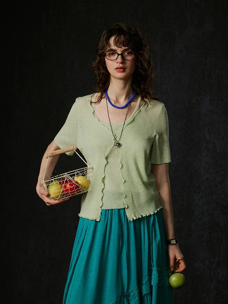 LITLECOT Green Knitted Cardigan Vest Short Sleeve Women's Two-Piece Set Summer New Style Retro Commute Slim Fit Chinese Origin view 2