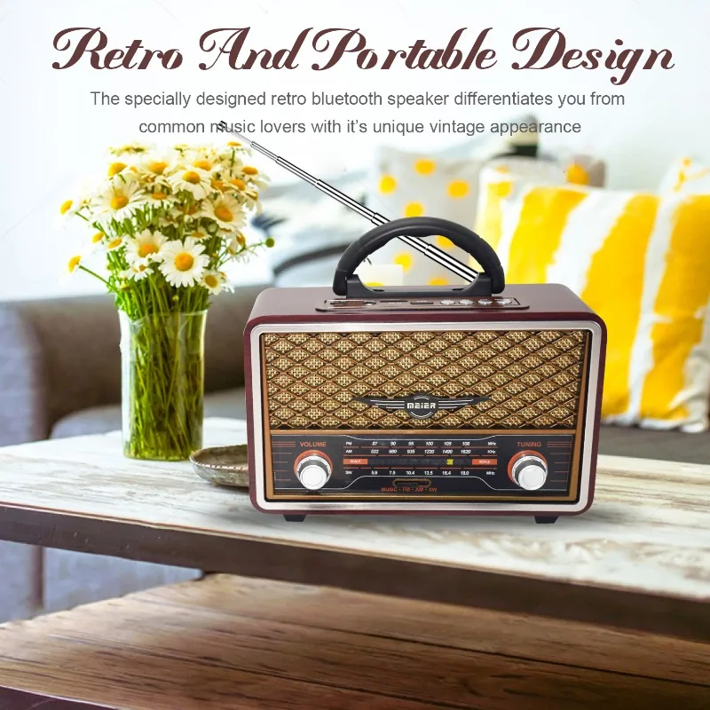 Meier 156BT Rechargeable Wooden Retro Portable Radio Home High Sensitivity AM/FM/SW Radio with Stereo Speaker Support BT USB TF