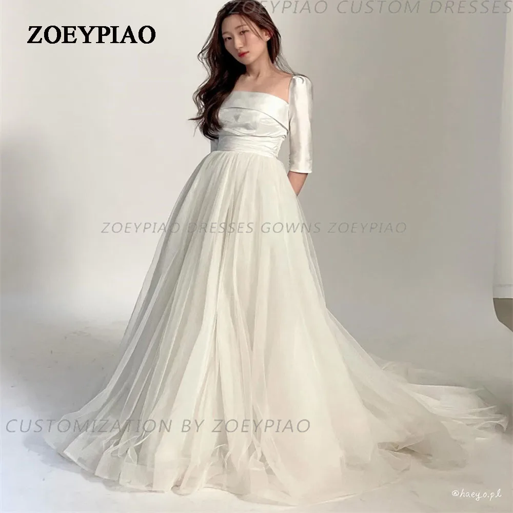 

Ivory Strapless Wedding Dresses Vintage Sweep Train Korea A Line Short Sleeves Bride Dress Custom Made 웨딩드레스 for Women