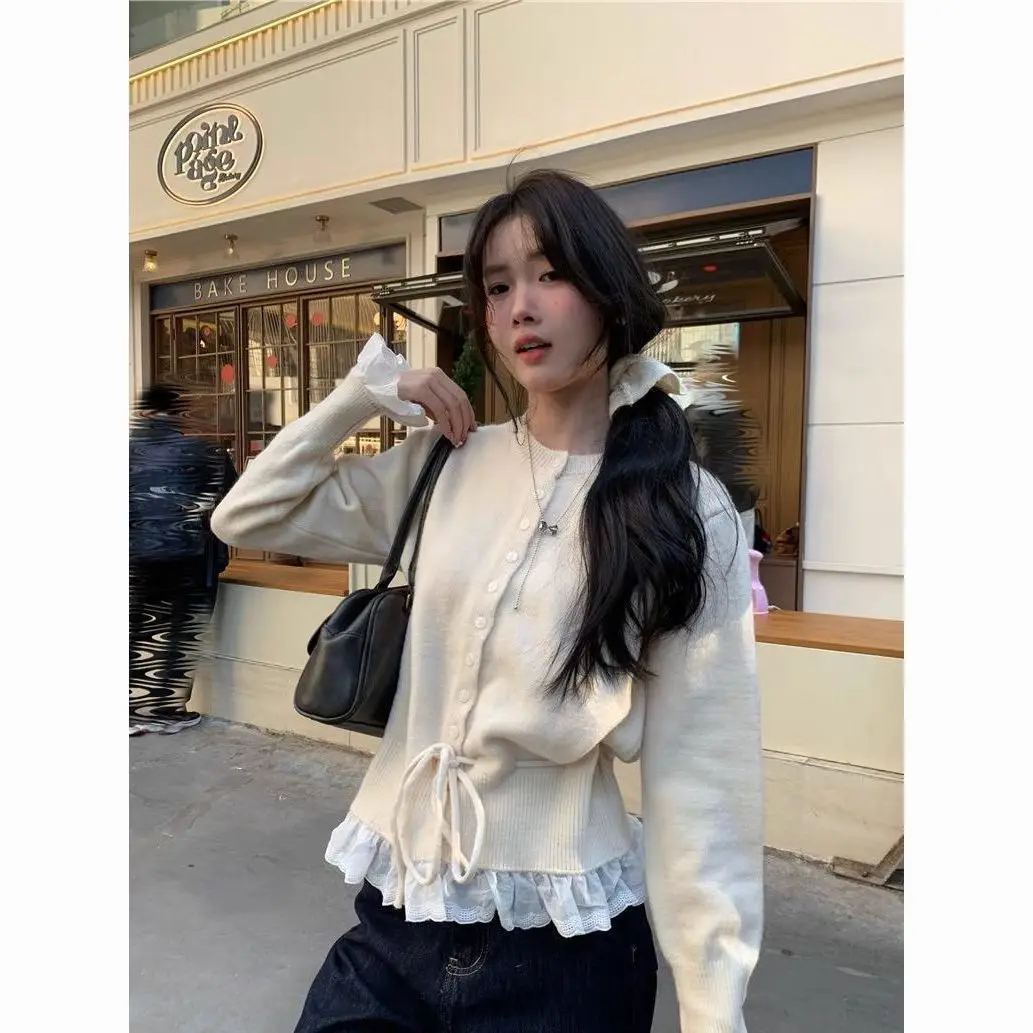 Sweet Korean Style Women's Knitted Sweater with Lace Trim Autumn Winter New Fashion High Quality Open Cardigan Top for Women