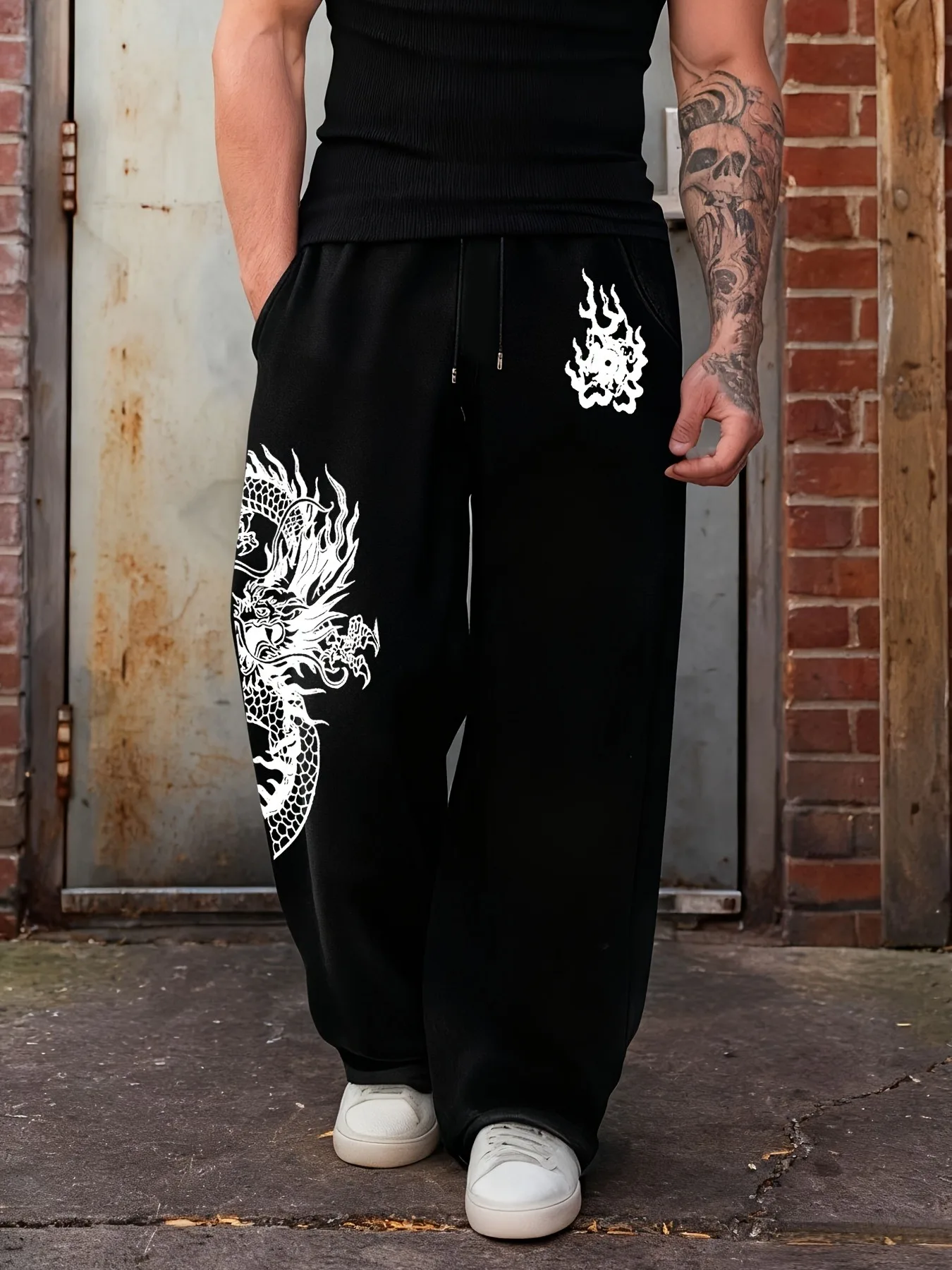

Autumn and Winter Men's Street Style Men's Fleece Straight Jogging Pants Bold Gothic Pattern Sweatpants Hip Hop Trousers