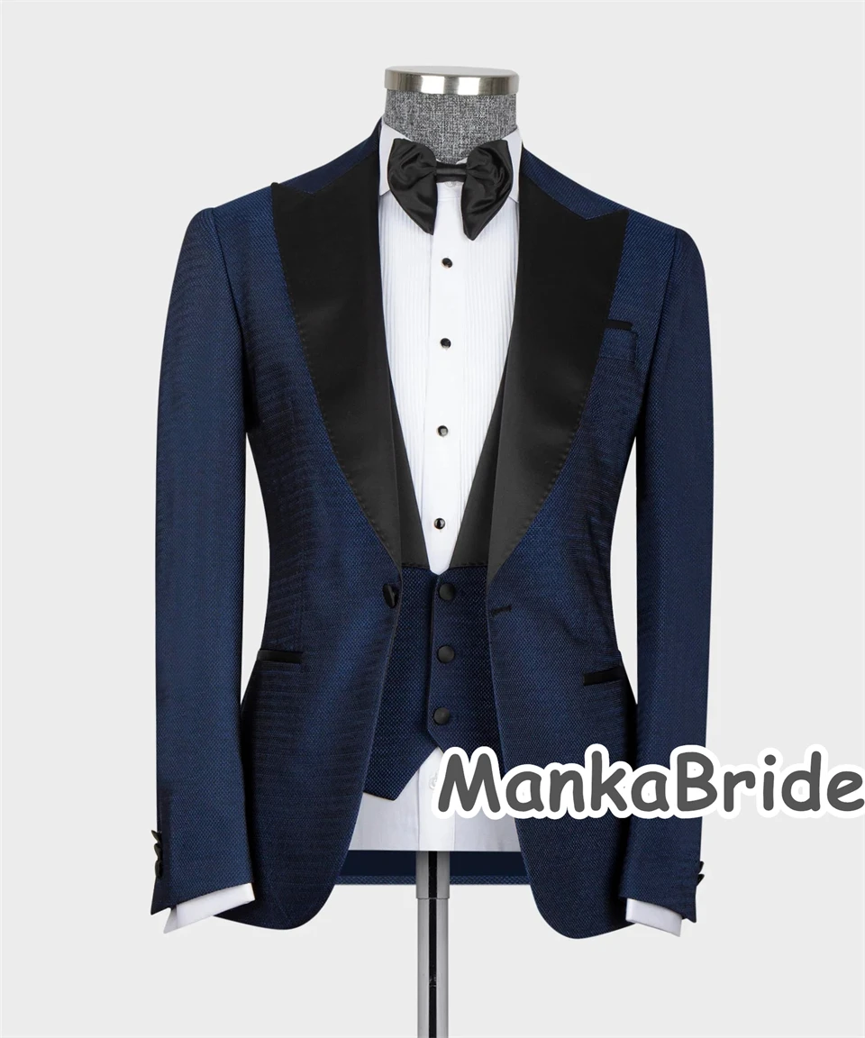 Smoking de Marié à Revers Bleu Marine-Noir pour Homme, Vêtements d'Affaires Personnalisés, Blazer Glacé, Tenue de Bal Formelle Imbibée, 3 Pièces