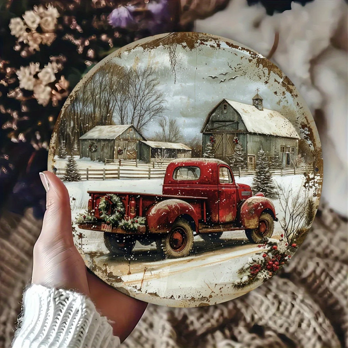 1 Stück Vintage-Weihnachts-LKW-Rundschild aus Aluminium, festliche Feiertagsdekoration, 20,3 x 20,3 cm, für Zuhause, Café, Restaurant drinnen/draußen