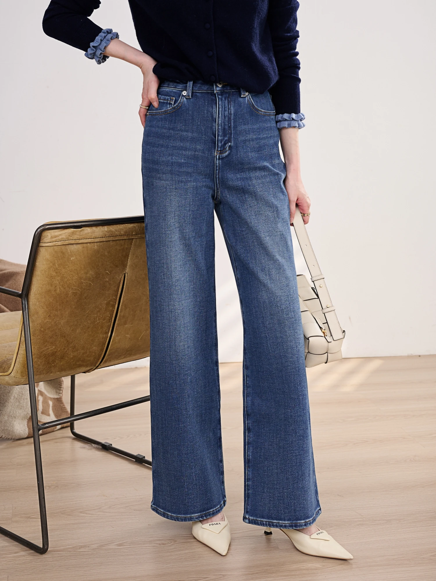 

JPOO Winter Warm Cotton Elastic Fleece Lined Wide Leg Jeans High Waist Straight Cut Drapey Comfortable Ladies Denim Trousers