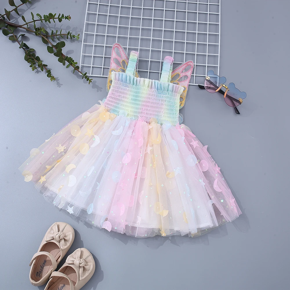 Summer New Baby Girl Dress Girls\' Strap Colorful Mesh Butterfly Wings Beach Birthday Party Princess Dress 0-3 Years