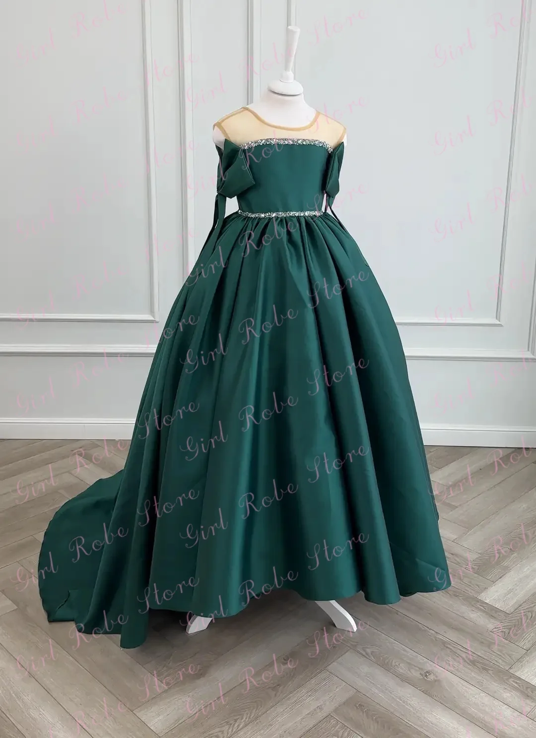 Emerald Green Satin Flower Girl Dress For Wedding Off Shoulder With Bow Long Train Elegant Kids Graduation Birthday Evening Gown