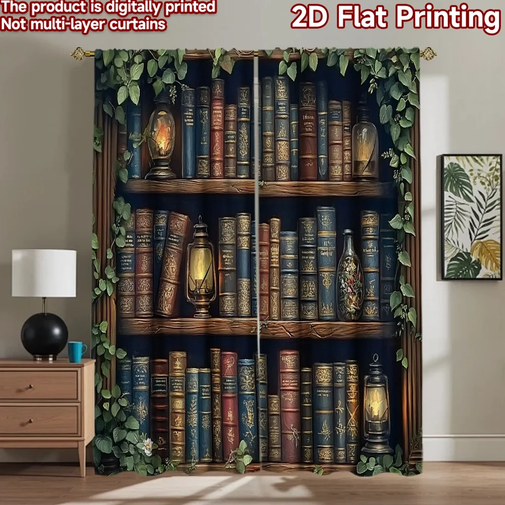 2D flat 2pcs Curtain Modern Minimalist Style Ivy Framed Bookcase Durable polyester fiber Family Party Decoration Use for All