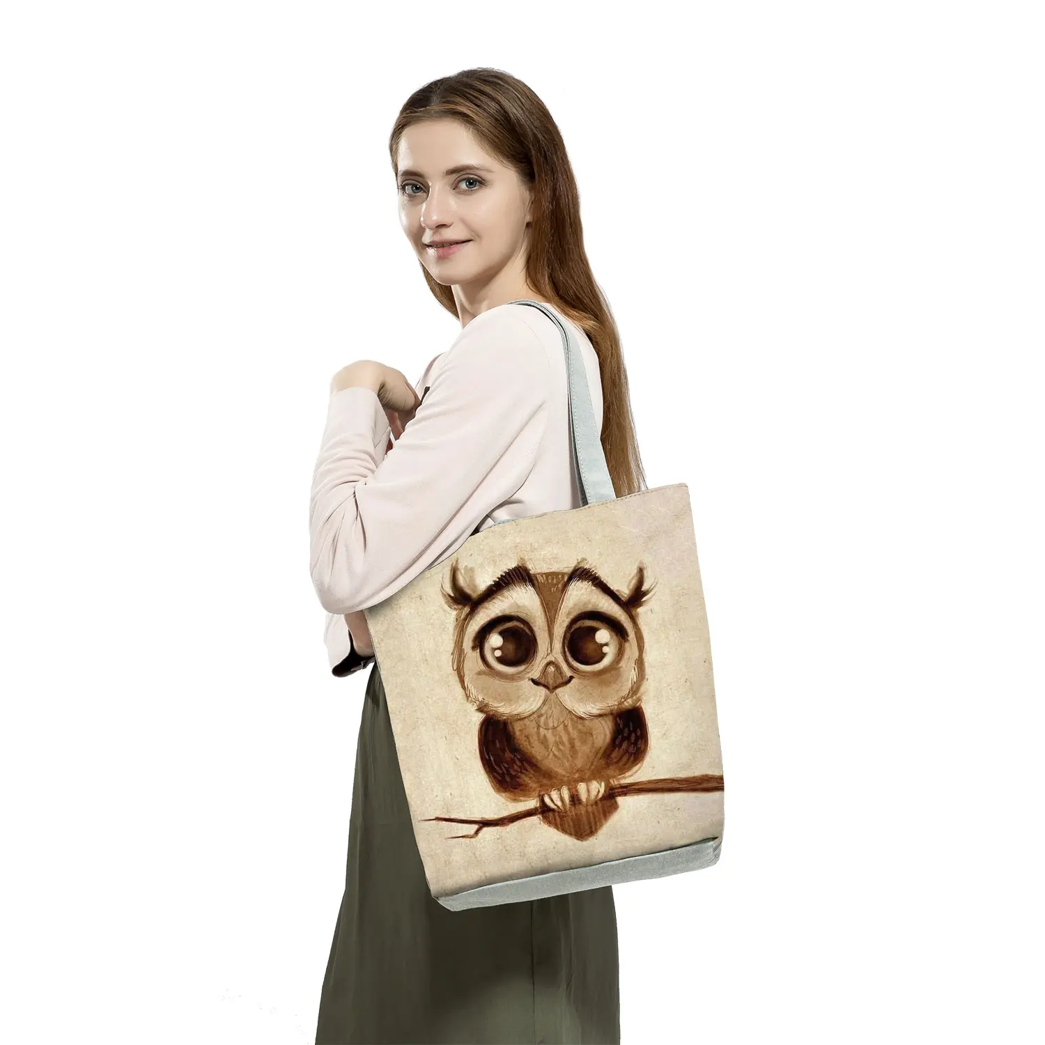 Kawaii Cute Cartoon Animal Shoulder Bags Eco Reusable Shopping Bag Owl Print Handbags for Women Casual High Capacity Travel Tote