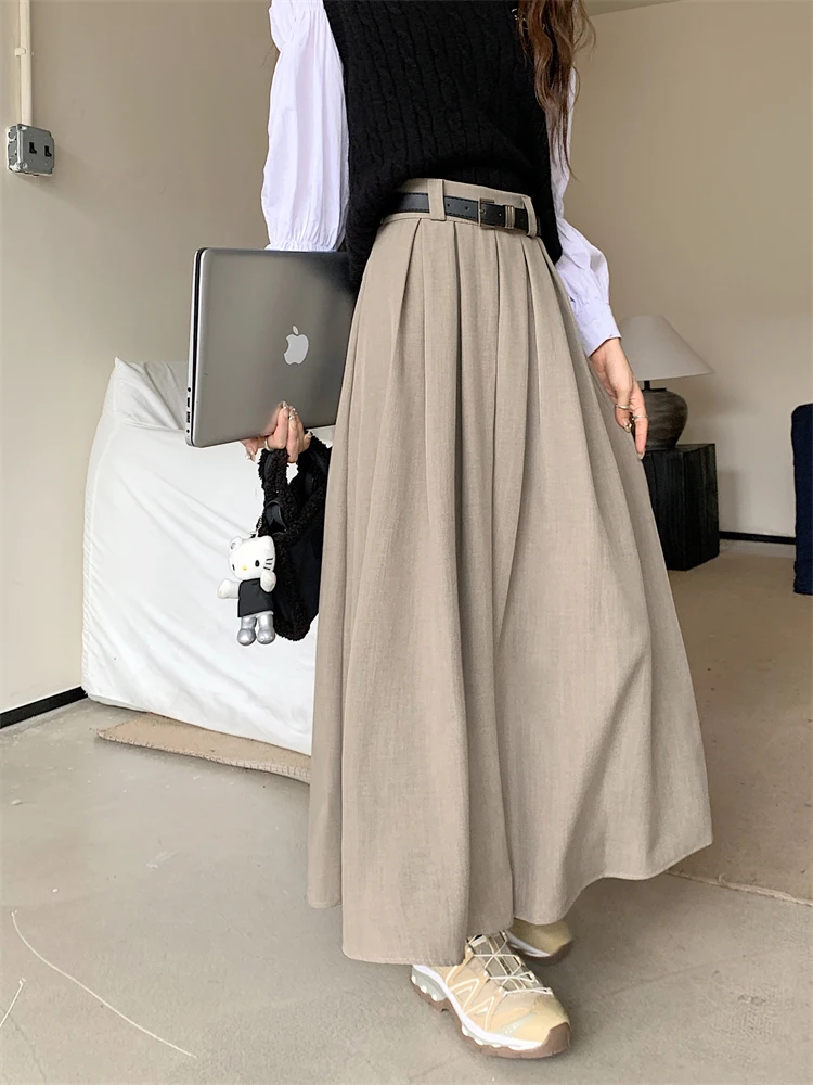 2026 New Korean Skirt Women Solid Color Versatile Mid-length Pleated Skirt Large Swing Type Skirt Female Long Skirts for Women