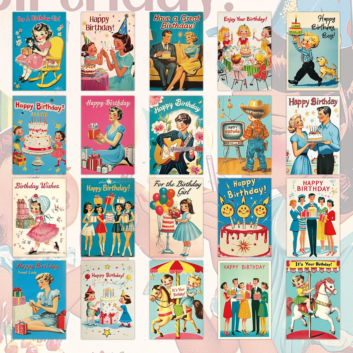 20pcs Vintage Birthday Greeting Cards With Stickers,Mid-Century Style Postcards,For Home Wall Art Decor,Party Invitations Favors