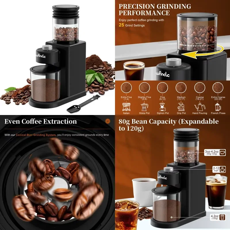 Electric Conical Burr Coffee Grinder 25 Settings Adjustable Bean Mill for Espresso French Press Easy Clean with Brush Home