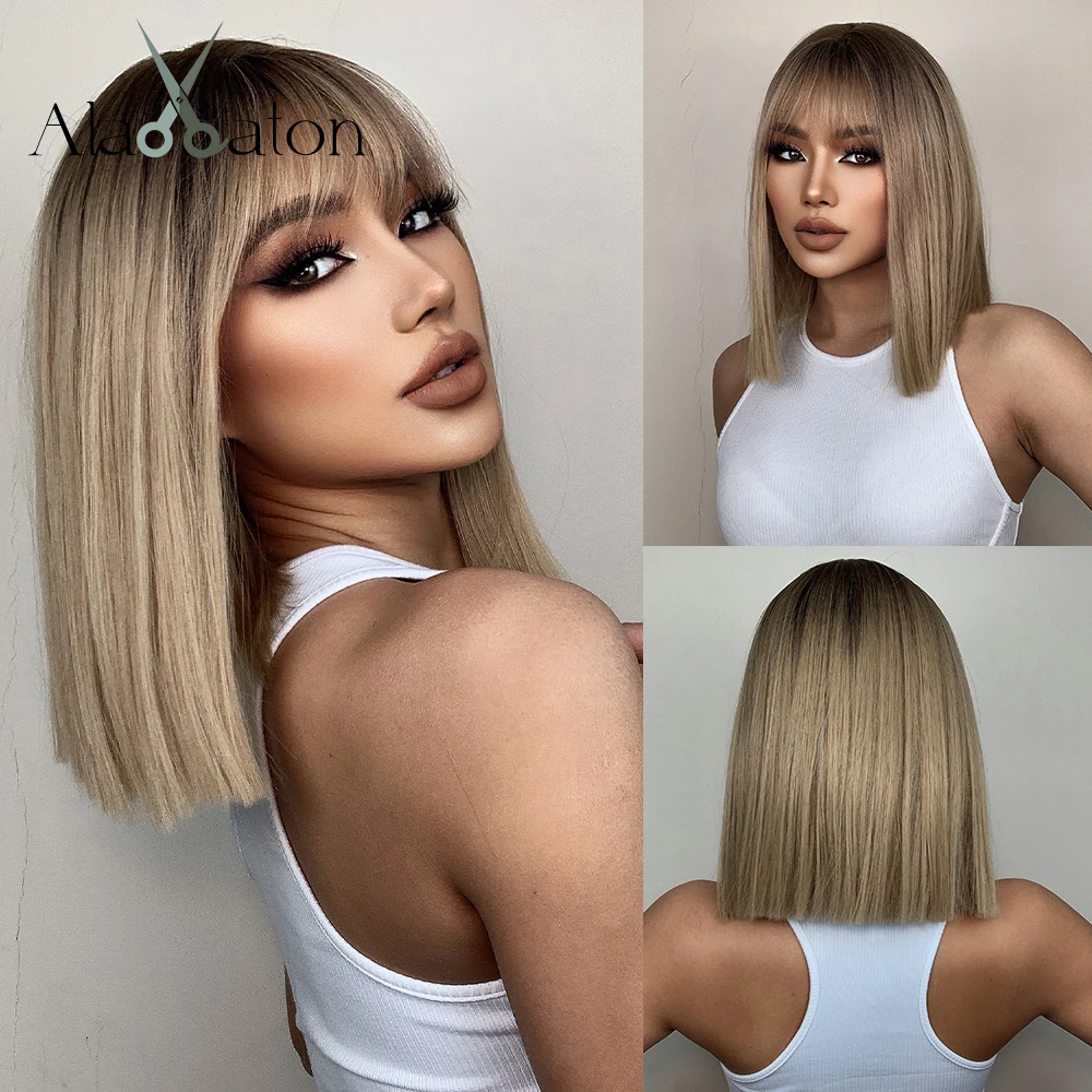 ALAN EATON Blonde Synthetic Bangs Wigs Short Straight Mixed Brown Wigs for Black Women Daily Cosplay Party Use Heat Resistant