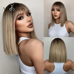 ALAN EATON Blonde Synthetic Bangs Wigs Short Straight Mixed Brown Wigs for Black Women Daily Cosplay Party Use Heat Resistant