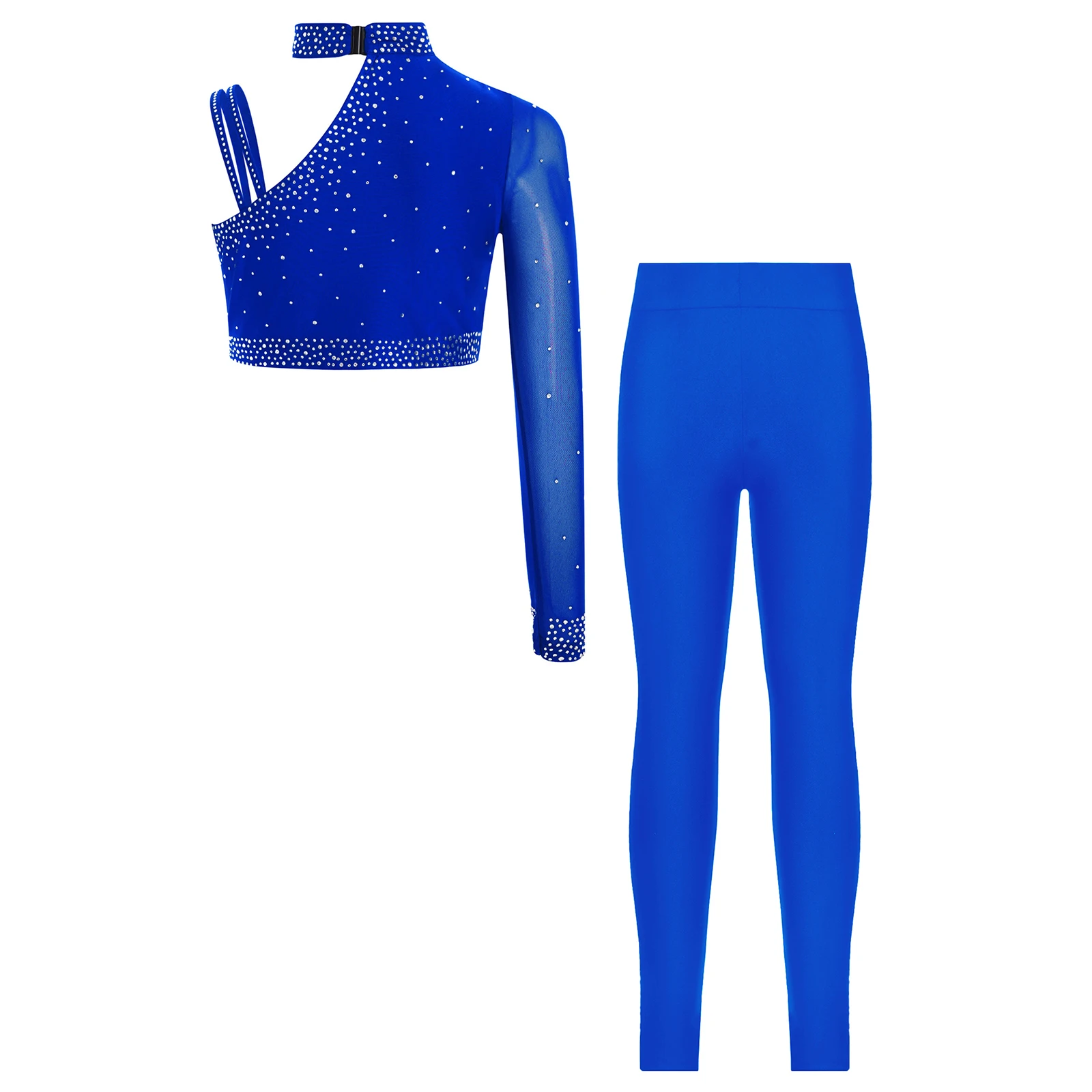 Kids Girls Lyrical Ballet Dance Outfit Sparkly Rhinestones Irregular Shoulder Crop Top + Sheer Mesh Skirt Figure Skating Dress