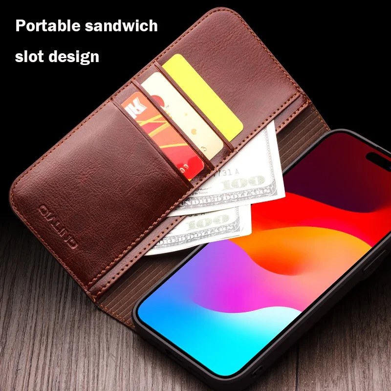 QIALINO Genuine Leather Flip Case for iPhone 15 Plus Handmade Fashion Business Cover with Card Slots for iPhone 15 Pro Max/15