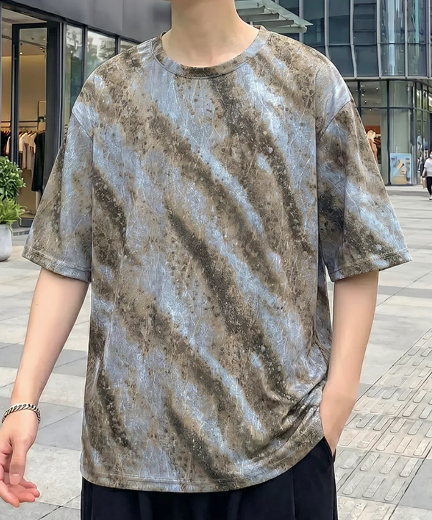 Men's Gradient Marble Lightweight Print T-Shirt Summer Breathable Ice Silk Short Sleeve Tee Casual Loose Streetwear Tops