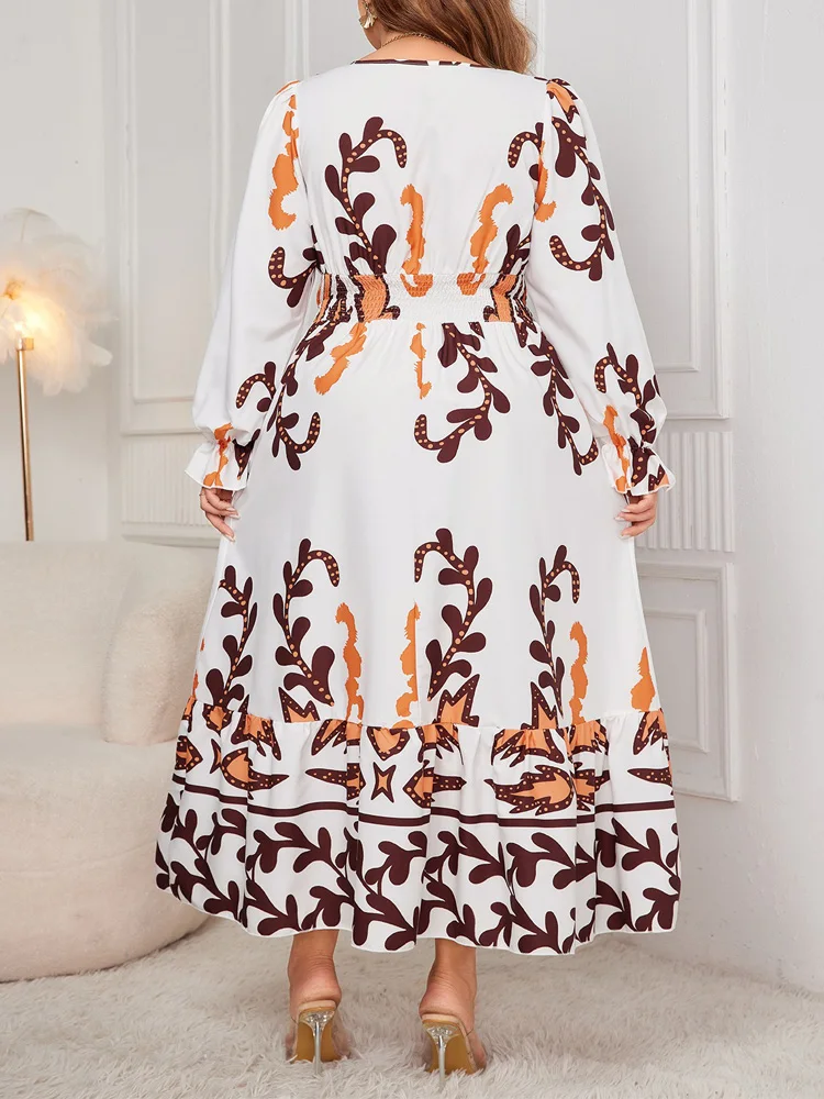 GIBSIE Plus Size Surplice Neck Printed Maxi Dress Women Autumn New High Waist Long Sleeve Ruffle Hem A-Line Dresses 2024