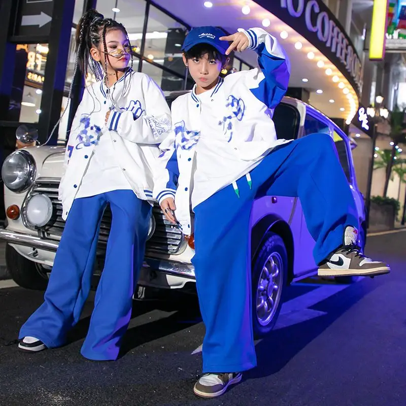 Hip Hop Clothing White Blue 2 Tones Baseball Shirt Casual Street Jogger Pants for Girl Boy Jazz Dance Costume Clothes Kid