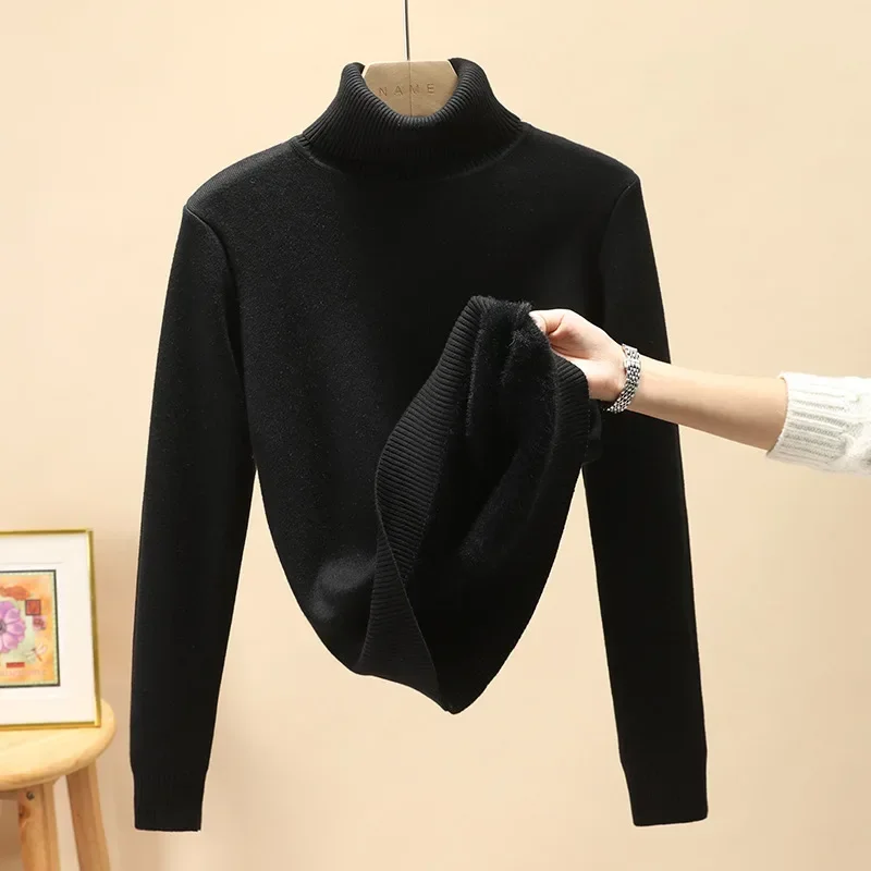 Winter Turtleneck Sweater Knitwear Women Elegant Thicken Velvet Lined Warm Sweaters Knitted Pullover Slim Tops Jersey Jumper New