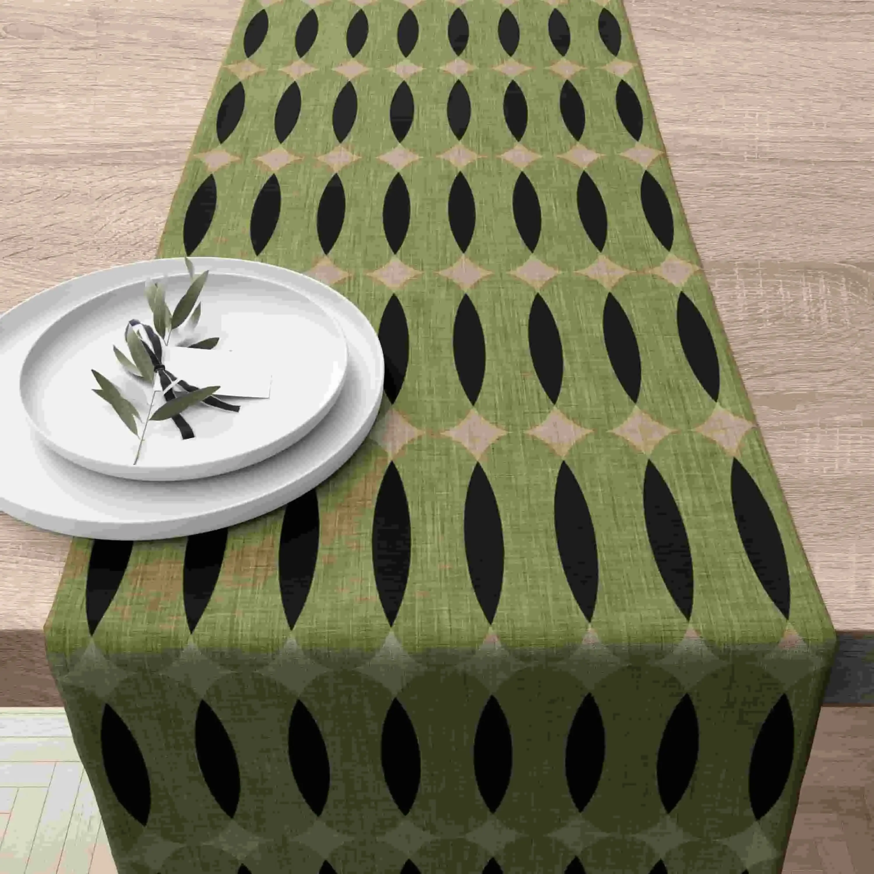 VIKAMA Linen Table Runner Olive Green Geometric Washable Durable for Home Restaurant Decor
