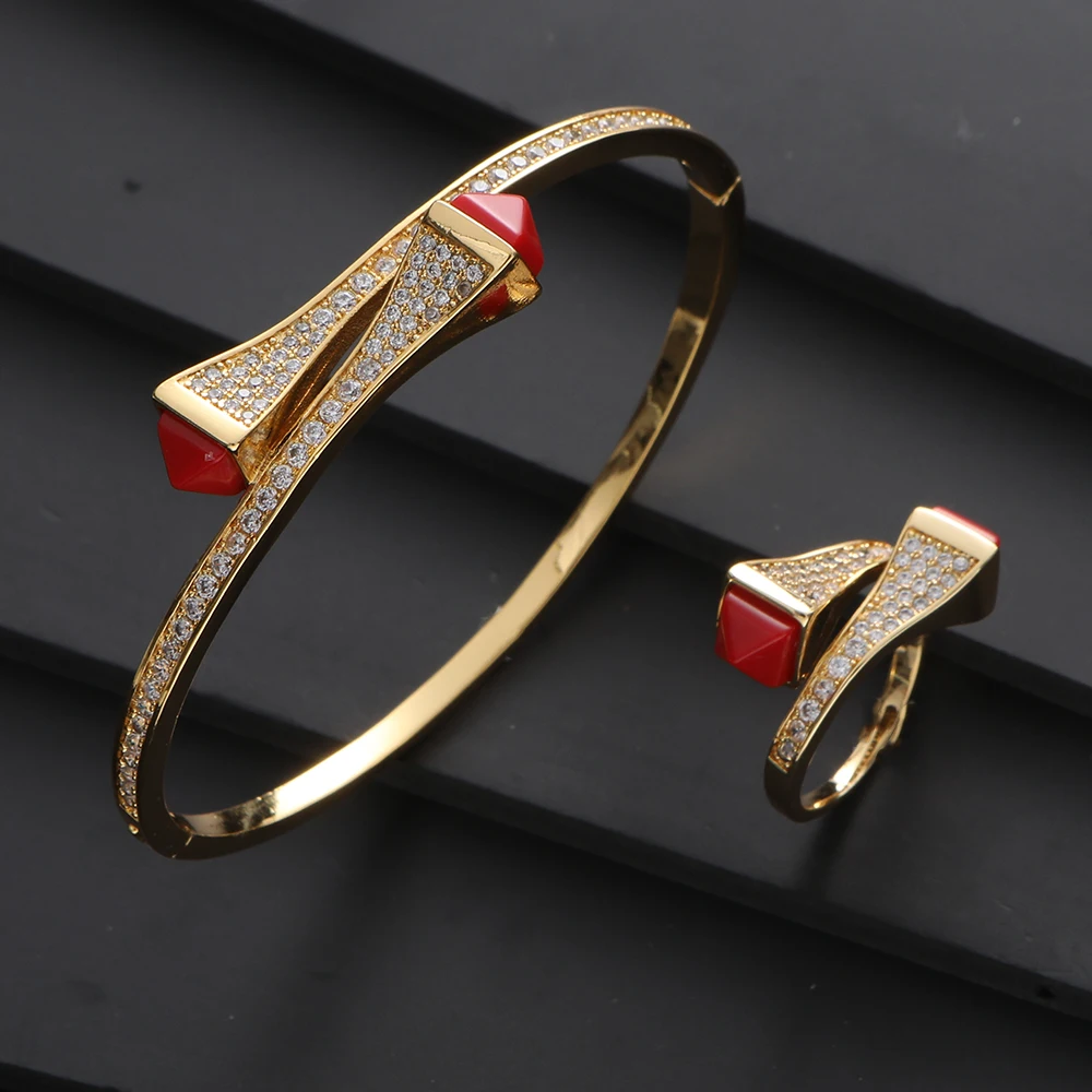 

Luxury Classic Bullet Head Open Bracelet Ring Set Suitable for Women's Wedding Cube Zirconia Party Banquet Jewelry S427