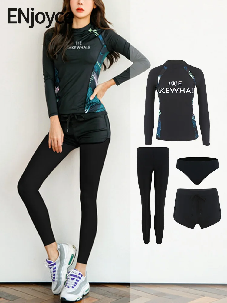 

Women Long Sleeve Rash Guard Print Four Pieces Swimsuit Zipper Swimwear with skirt Bathing Suits Surfing Suits Pad Long Pants