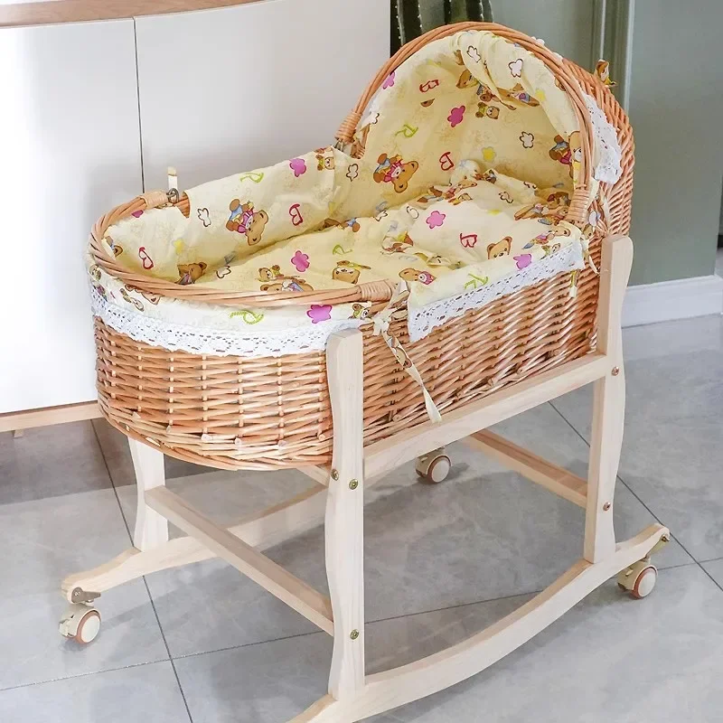 

New Upgrade Wooden Portable Baby Cradle Bed with Roller Baby Rocker 360 Degree Rotating Wheel Newborn Baby Crib 0-24M