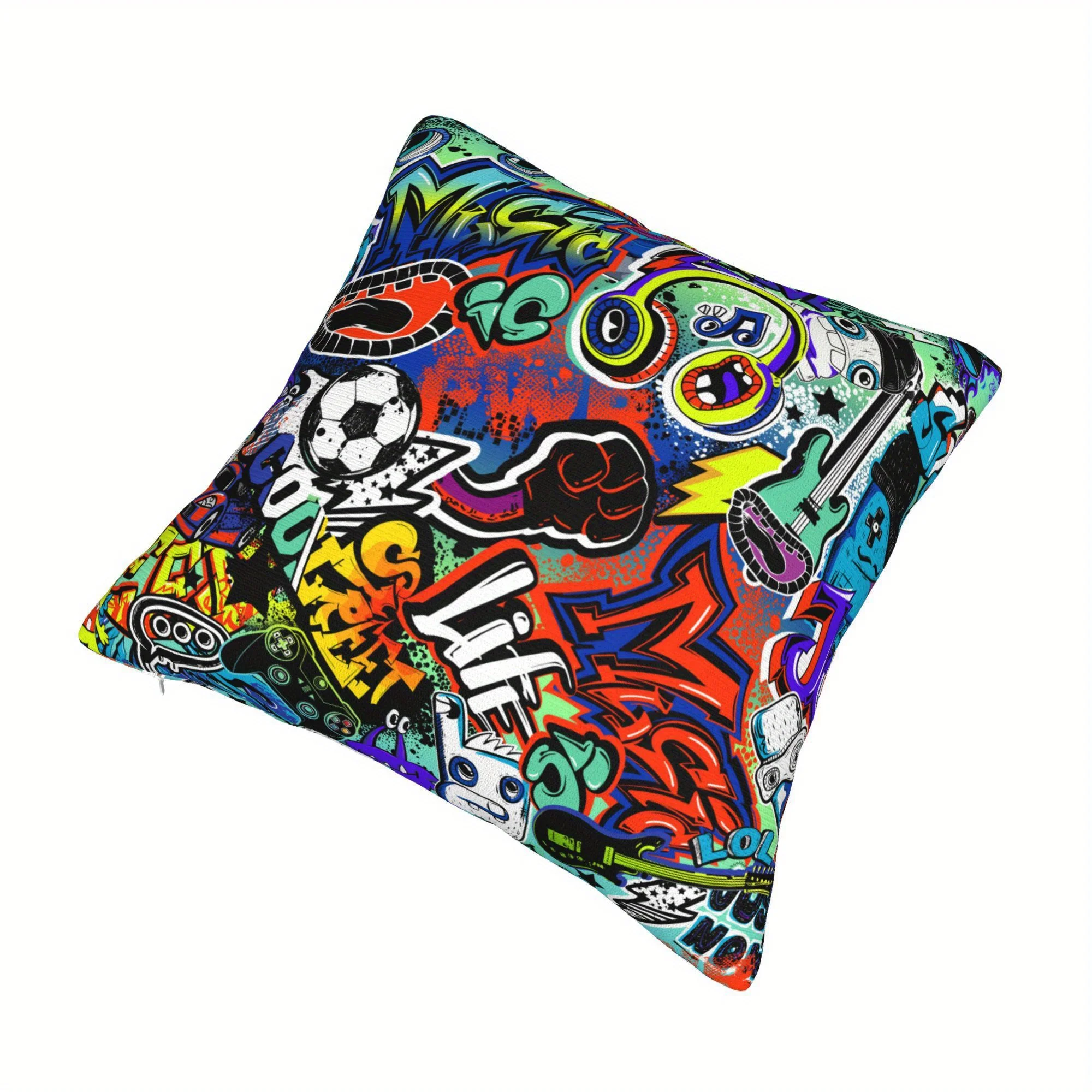 Grunge Graffiti Throw Pillowcase - Vibrant Street Art Music Sports Pop Culture Cushion Cover | Decorative Pillow for Living Room