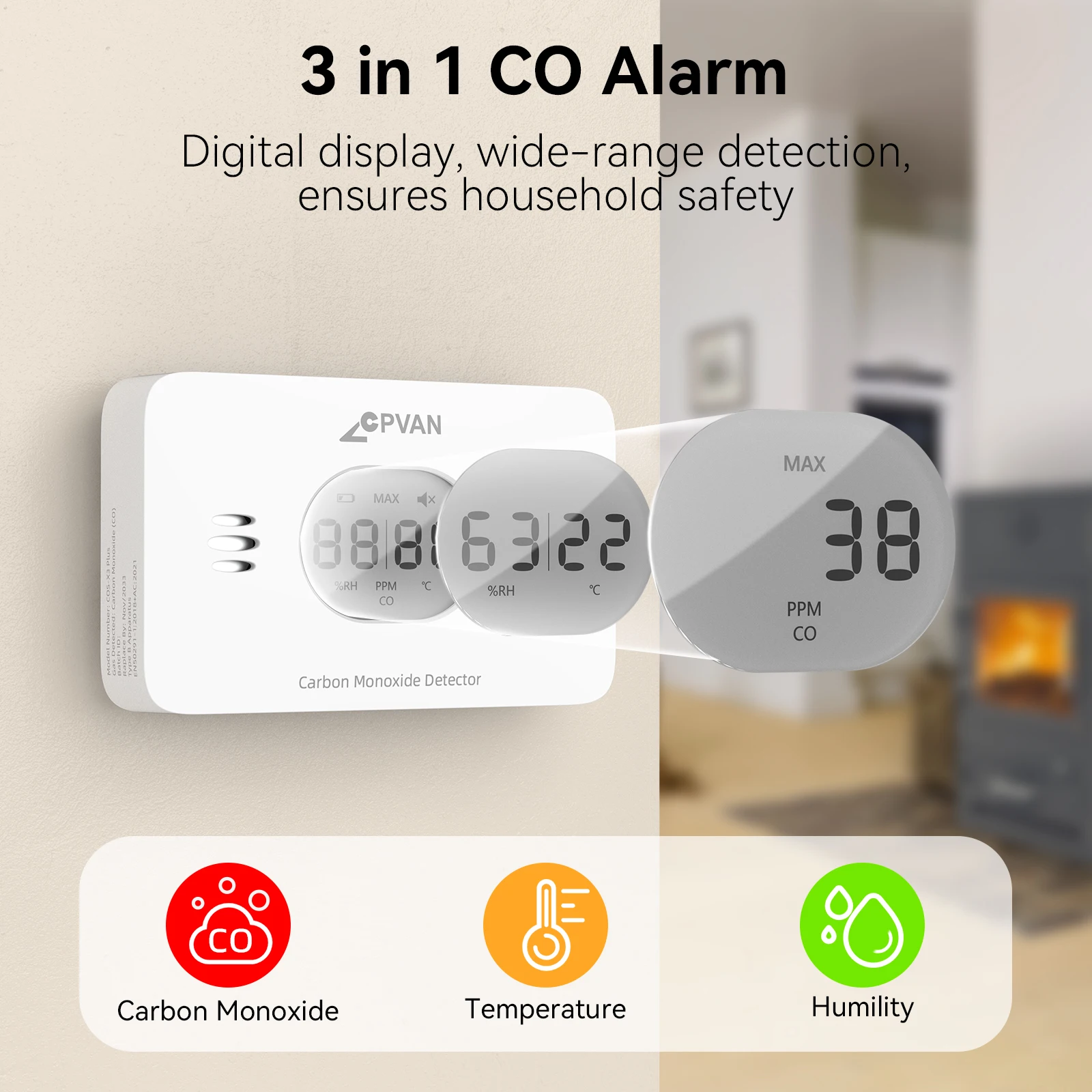CPVAN Carbon Monoxide Detector with Temperature&Humidity, 10 year battery 85db CO Alarm for Home Security Protection CO Detector