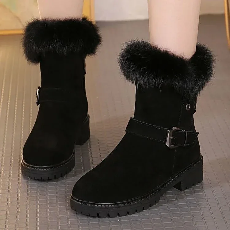 Women Comfortable Real Rabbit Fur Short Boots 2026 New Plush Lined Chunky Heel Warm Winter Boots Mid Heel Furry Shoes