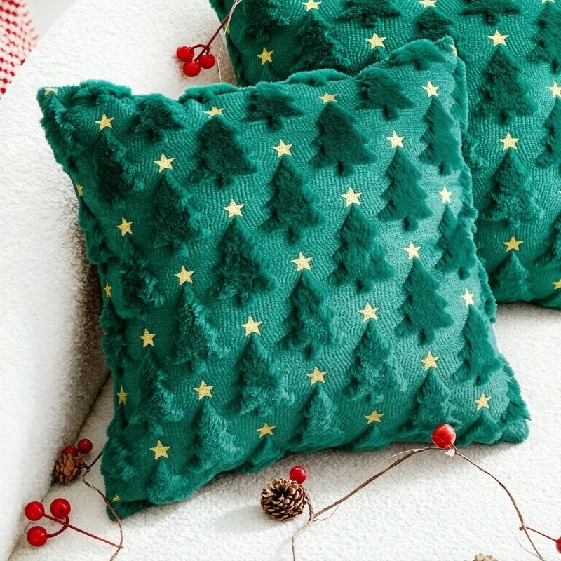 Christmas Throw Pillow Cover Plush Santa Head Xmas Tree Pattern Soft Decorative Cushion Case for Sofa Couch Home Decor 45x45cm