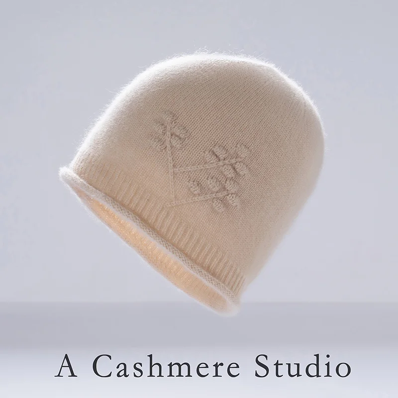 Women's High-Quality Cashmere Sweater Knitted Plum Blossom Hat Solid Color Soft Winter Warm Ear Protection Fashion Accessory