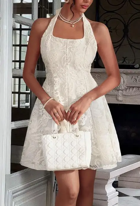 

Women's Dress 2025 Spring/summer Versatile Elegant Hanging Neck Mesh Half Length Skirt Dress Gorgeous Socialite Style Dress