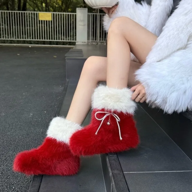 New Year's Snow Boots 2026 Colorblock Round Toe Bow Heightened Women's Cotton Shoes