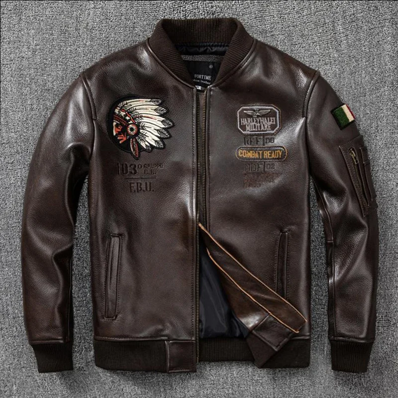 Cowhide Genuine Leather Jackets Mens Brown Motorcycle Jacket Indian Embroidery Aviator Leather Coat Baseball Suit Spring Autumn