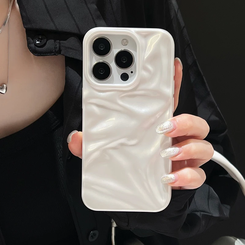 Pearl White Folds Texture Case For iPhone 16 13 14 11 12 Pro Max 15 Plus Stylish Glossy Soft TPU Phone Back Cover