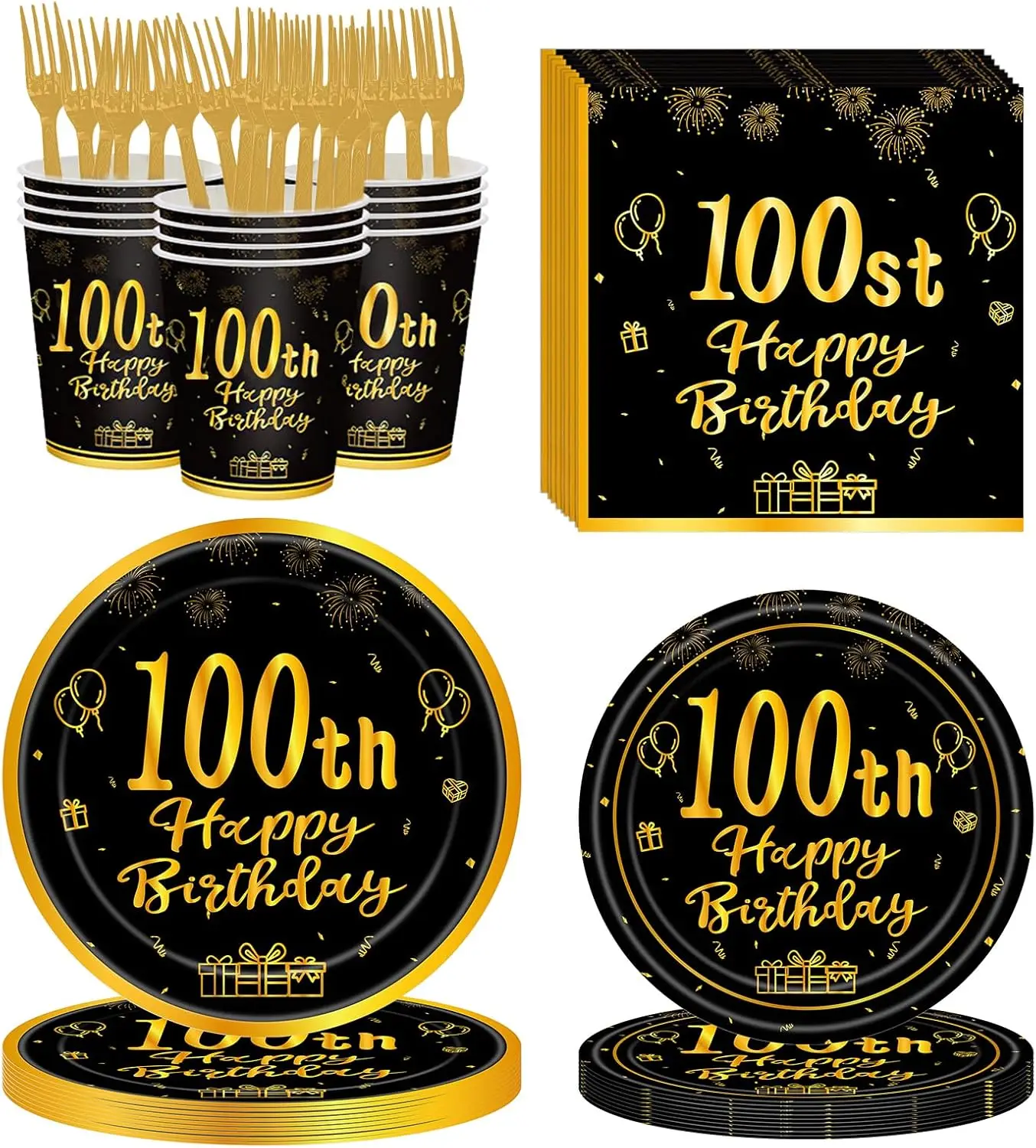 100th Birthday Party Supplies Plates Napkins Cups Forks Tableware Set Gold Black Happy 100th Birthday Themed Disposable Tablewar