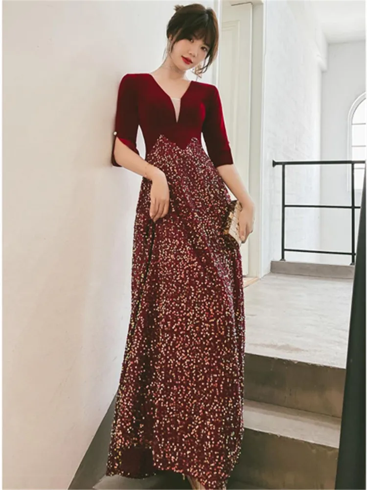 Wine Red Dress Women's Summer New Splicing Sequin V-neck Five-point Sleeve Long A-line Skirt Temperament Female Clothing M175