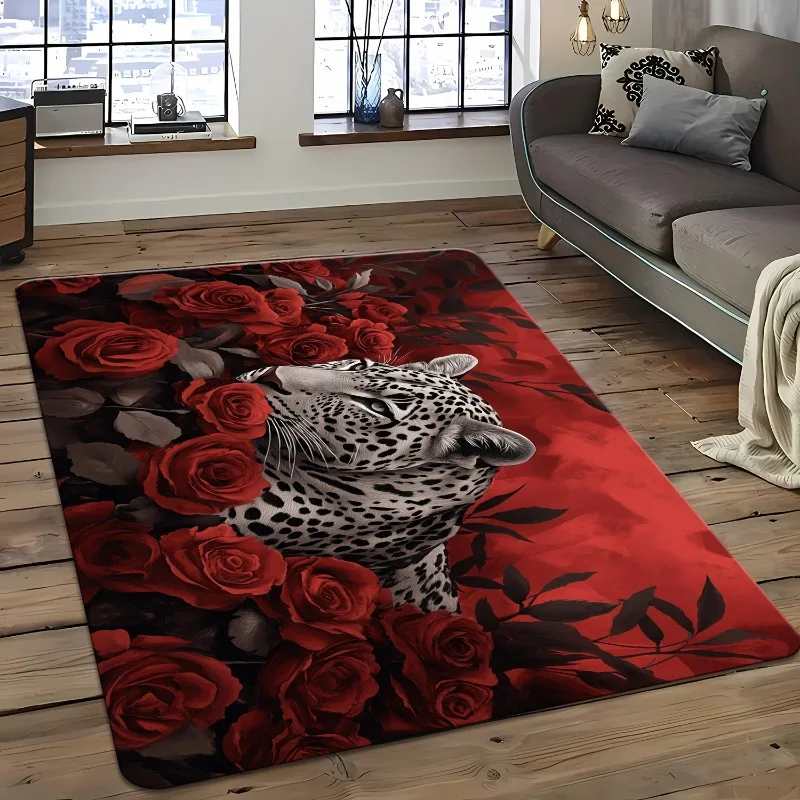 [ Product] Leopard on Rose Carpet - Non-Slip, Machine Washable, Lightweight - Suitable for Living Room, Bedroom, Entrance - Bohe