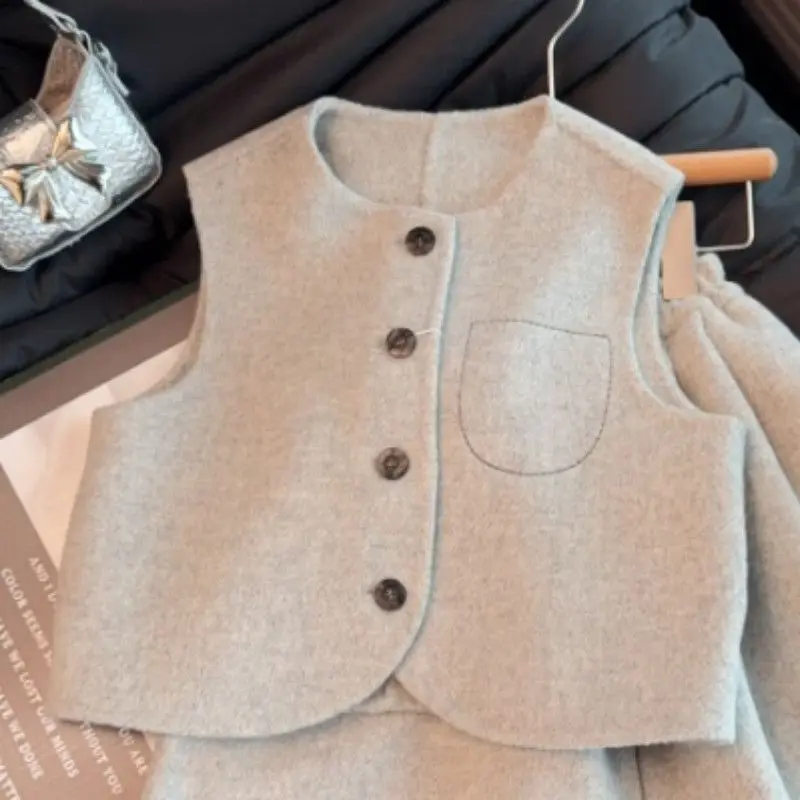 Kids Clothing Sets Autumn Winter Wool Vest Jacket+pants Fleece Lined Two Piece Set Trendy Versatile Outfit for Boys & Girls