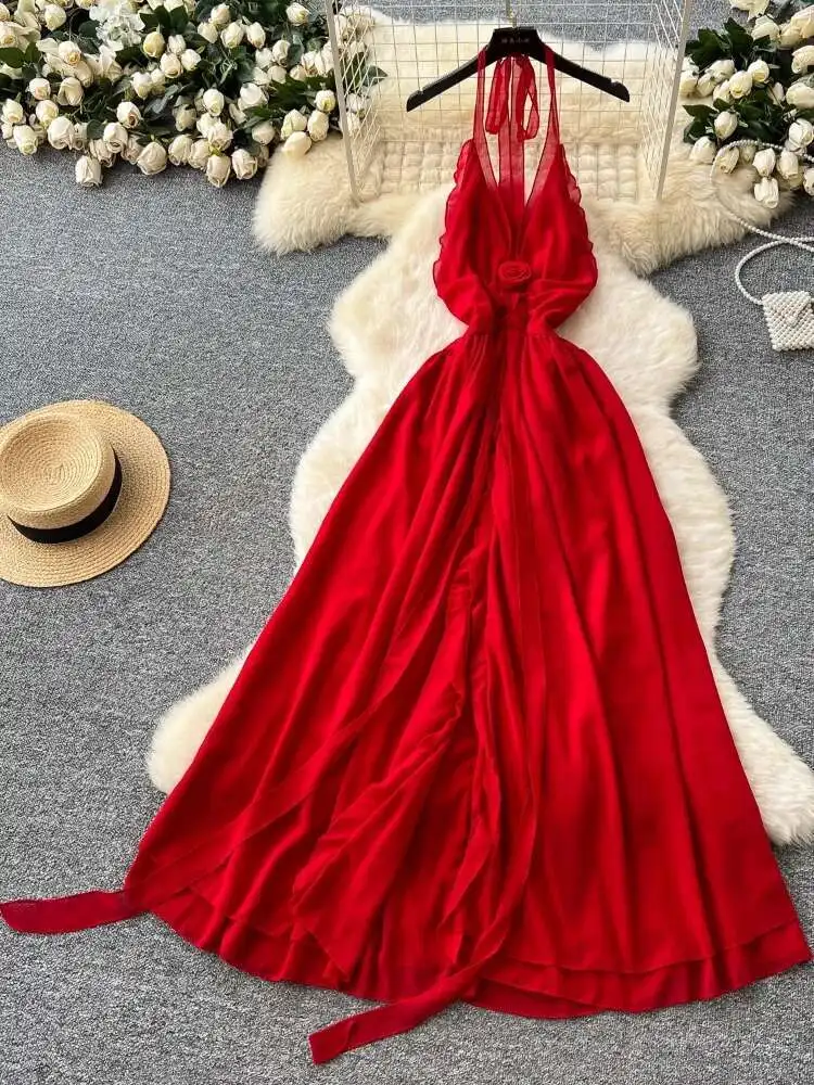 Frauen Sexy Chiffon Kleid Sommer V-ausschnitt Hängenden Hals Backless Split Strand Kleider Damen Schlank A-line Vintage Boho Lange Robe