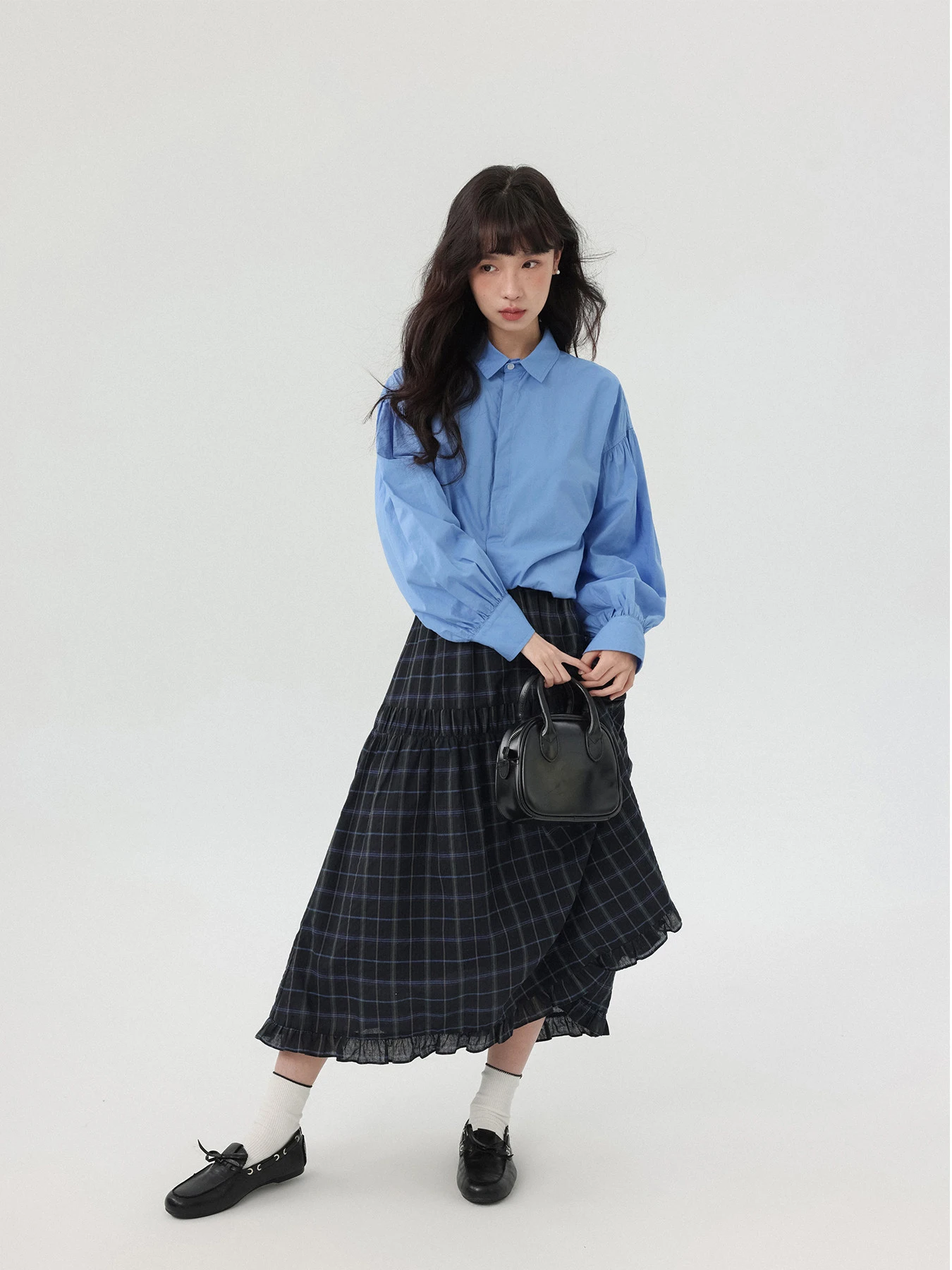 

Blue Dolphin Island Retro Micro Lantern Sve Pure Cotton Long Sve White irt Women's Spring Beautiful Blue Blouse