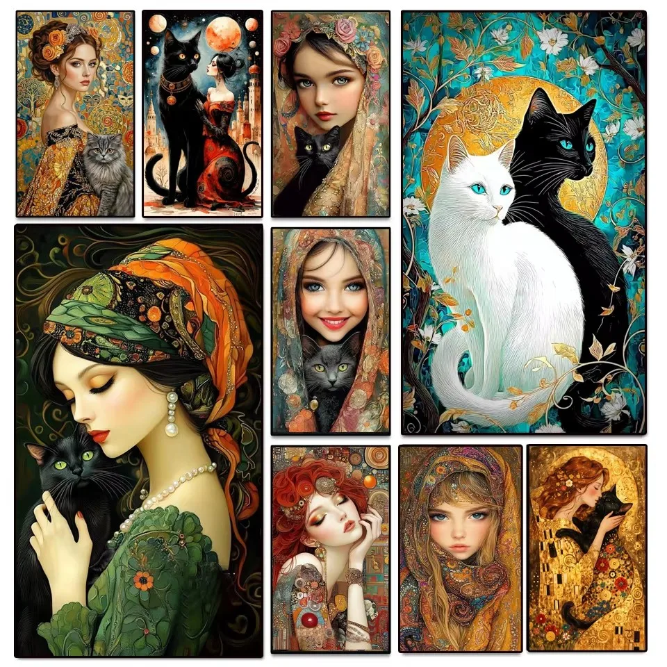 

Mosaic Art DIY Fantasy Symbolism Style Women Cat Diamond Painting Kit 5D Rhinestone Cross Stitch Handmade Home Decor Gift