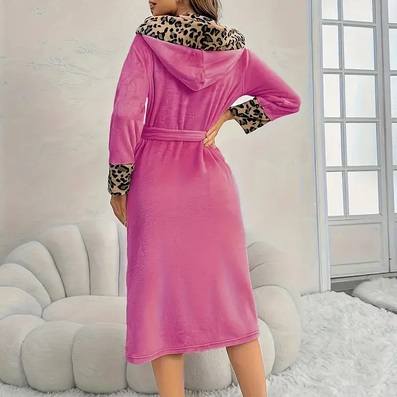 autumn winter light luxury personalized nightgown leopard print bathrobe flannel cardigan lace-up bathrobe women's loungewear