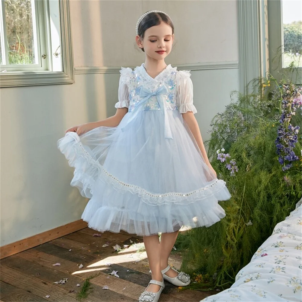 

2086 Snowflake Lolita Sequin Princess Dress Children Dress Girl's Yarn Skirt Embroidery Dress Lace Crochet Flower Princess Skirt